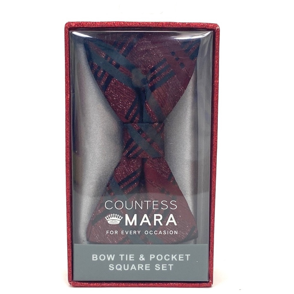 Countess Mara Men's Burgundy/Gray Ready to Wear Bow Tie and Pocket Square NWT